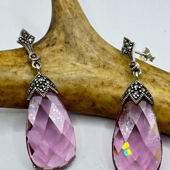 Vintage Pink Rose Crystal Chandelier Drop Gemstone Gold 925 Sterling Silver Chandelier Earrings