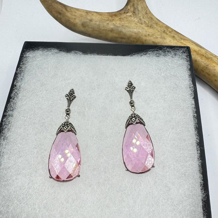 Vintage Pink Rose Crystal Chandelier Drop Gemstone Gold 925 Sterling Silver Chandelier Earrings