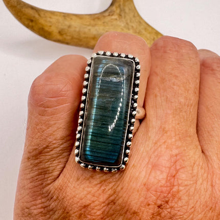 Vintage Chunky Rainbow Labradorite Cocktail Ring - Statement Band