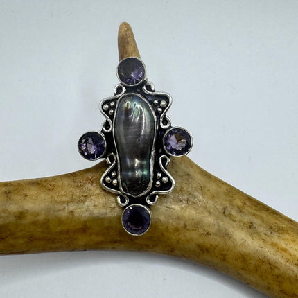 Vintage Grey Biwa Pearl Blue Iolite Cocktail Ring Silver Bronze Setting