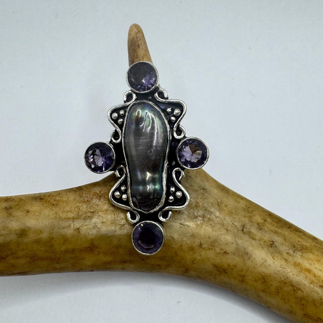 Vintage Grey Biwa Pearl Blue Iolite Cocktail Ring Silver Bronze Setting