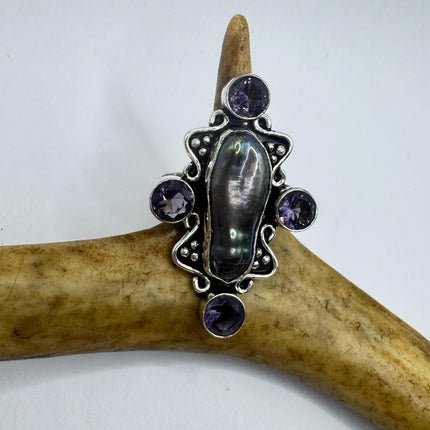Vintage Grey Biwa Pearl Blue Iolite Cocktail Ring Silver Bronze Setting