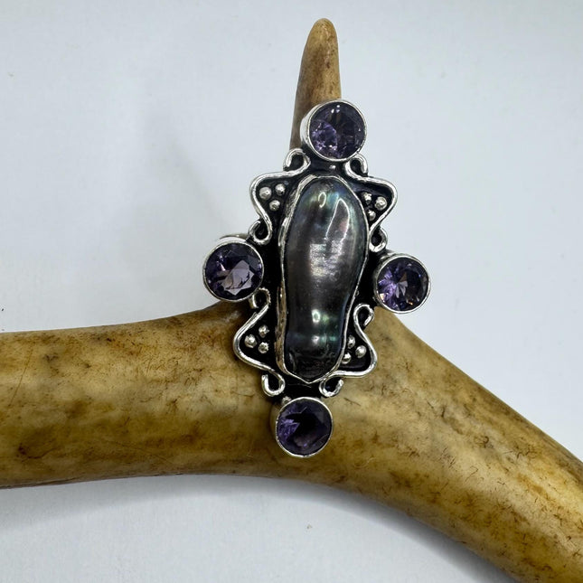 Vintage Grey Biwa Pearl Blue Iolite Cocktail Ring Silver Bronze Setting
