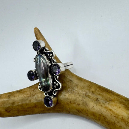 Vintage Grey Biwa Pearl Blue Iolite Cocktail Ring Silver Bronze Setting