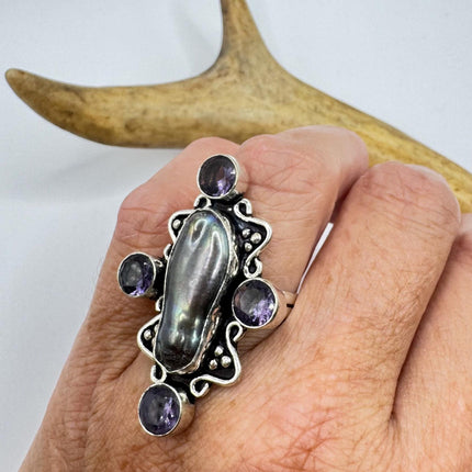 Vintage Grey Biwa Pearl Blue Iolite Cocktail Ring Silver Bronze Setting
