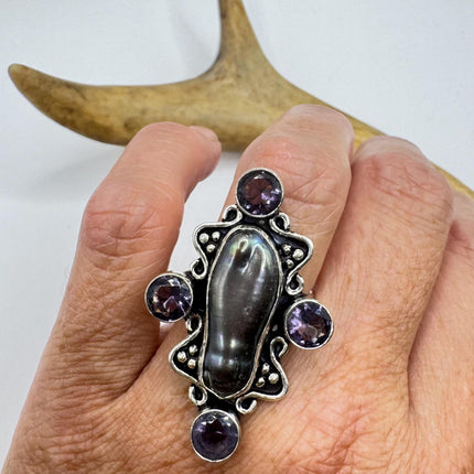 Vintage Grey Biwa Pearl Blue Iolite Cocktail Ring Silver Bronze Setting
