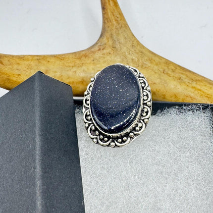 Vintage Black Sandstone Boho Statement Ring Detailed Silver Finished Bronze