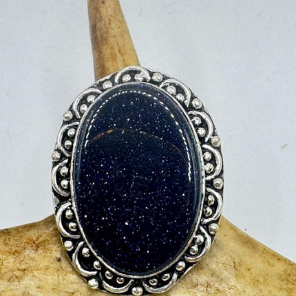 Vintage Black Sandstone Boho Statement Ring Detailed Silver Finished Bronze