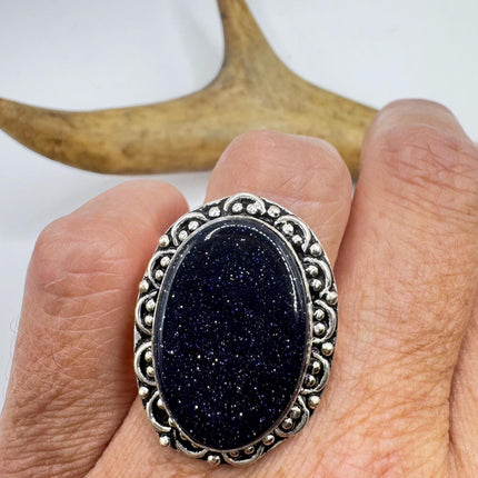 Vintage Black Sandstone Boho Statement Ring Detailed Silver Finished Bronze