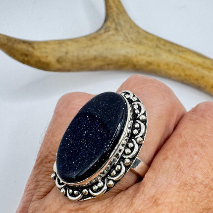Vintage Black Sandstone Boho Statement Ring Detailed Silver Finished Bronze