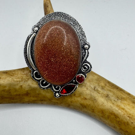 Vintage Gold Sandstone Boho Statement Ring Detailed Silver Finished Bronze