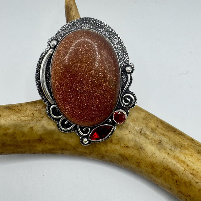 Vintage Gold Sandstone Boho Statement Ring Detailed Silver Finished Bronze