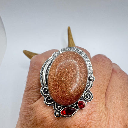 Vintage Gold Sandstone Boho Statement Ring Detailed Silver Finished Bronze