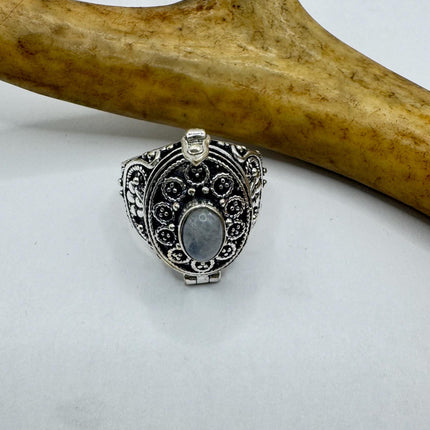 Vintage Silver Bronze Poison Ring | Retro Rainbow Moonstone | Unique Gift Statement Ring