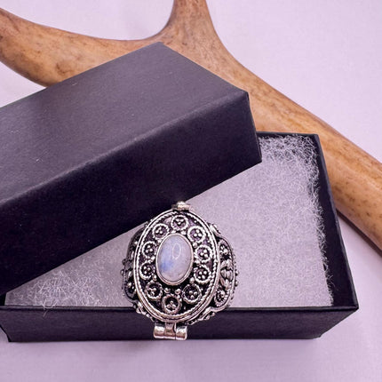 Vintage Silver Bronze Poison Ring | Retro Rainbow Moonstone | Unique Gift Statement Ring