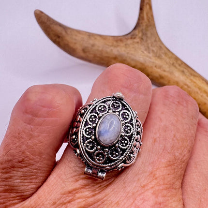 Vintage Silver Bronze Poison Ring | Retro Rainbow Moonstone | Unique Gift Statement Ring