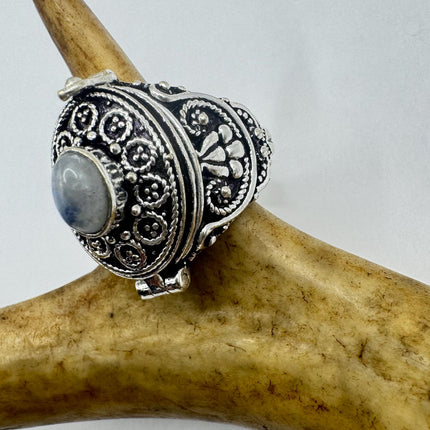 Vintage Silver Bronze Poison Ring | Retro Rainbow Moonstone | Unique Gift Statement Ring
