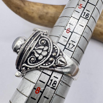 Vintage Silver Bronze Poison Ring | Retro Rainbow Moonstone | Unique Gift Statement Ring