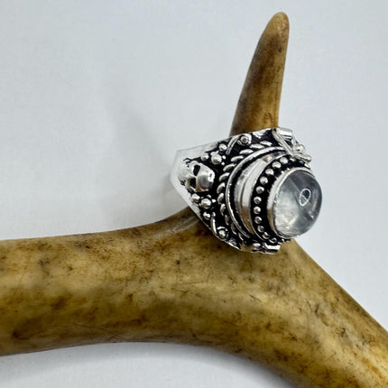 Vintage Silver Bronze Poison Skull Ring | Retro Rainbow Moonstone | Unique Gift Statement Ring