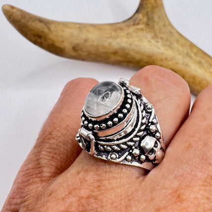 Vintage Silver Bronze Poison Skull Ring | Retro Rainbow Moonstone | Unique Gift Statement Ring