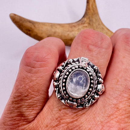 Vintage Silver Bronze Poison Skull Ring | Retro Rainbow Moonstone | Unique Gift Statement Ring