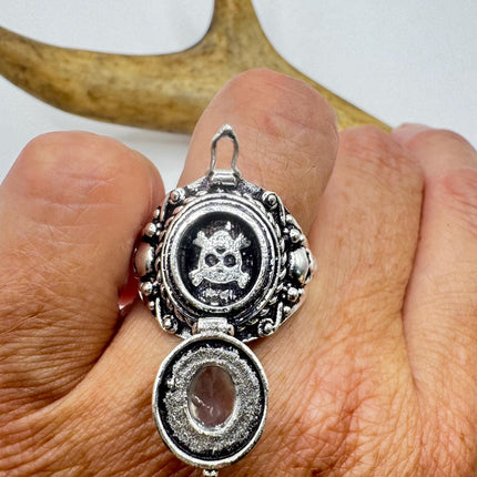 Vintage Silver Bronze Poison Skull Ring | Retro Rainbow Moonstone | Unique Gift Statement Ring