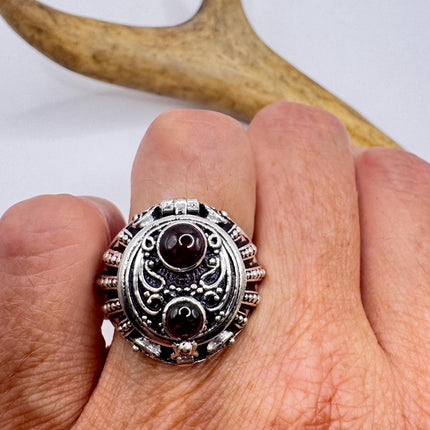 Vintage Silver Bronze Poison Skull Ring | Retro Red Bohemian Garnet| Unique Gift Statement Ring