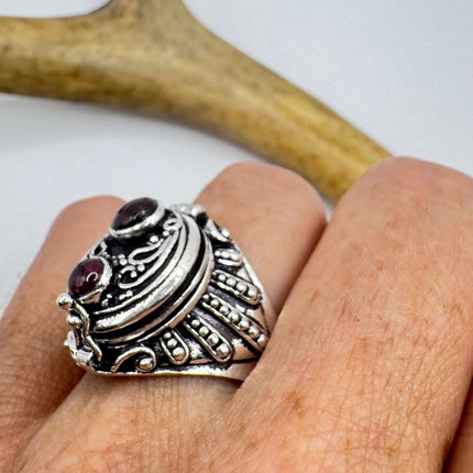 Vintage Silver Bronze Poison Skull Ring | Retro Red Bohemian Garnet| Unique Gift Statement Ring