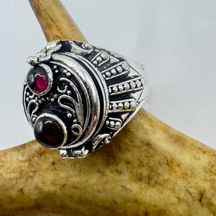 Vintage Silver Bronze Poison Skull Ring | Retro Red Bohemian Garnet| Unique Gift Statement Ring