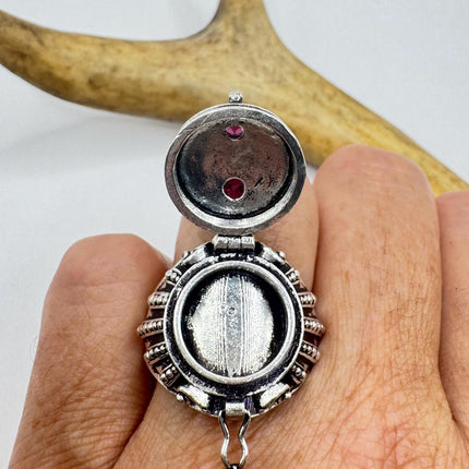 Vintage Silver Bronze Poison Skull Ring | Retro Red Bohemian Garnet| Unique Gift Statement Ring