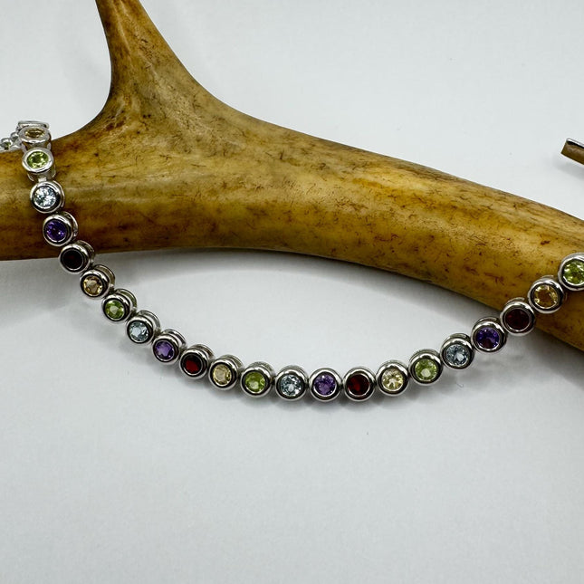 Vintage Tennis Bracelet | Mixed Color Citrine Amethyst Blue Topaz Peridot Garnet Gemstone | 925 Sterling Silver | Elegant Everyday