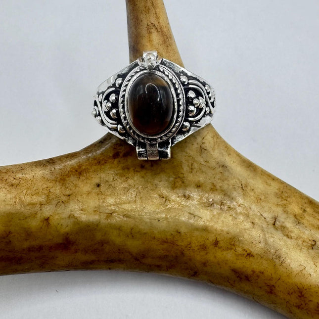 Vintage Silver Bronze Poison Ring | Retro Tigers Eye Unique Gift Statement Ring