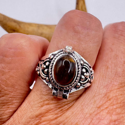 Vintage Silver Bronze Poison Ring | Retro Tigers Eye Unique Gift Statement Ring