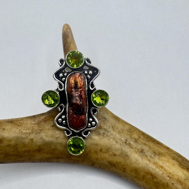 Vintage Brown Biwa Pearl Green Peridot Cocktail Ring Silver Bronze Setting