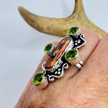 Vintage Brown Biwa Pearl Green Peridot Cocktail Ring Silver Bronze Setting
