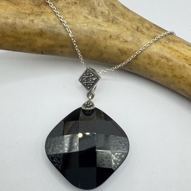 Vintage Black jet Marcasite Choker Necklace - 925 Sterling Silver Gemstone Pendant Necklace