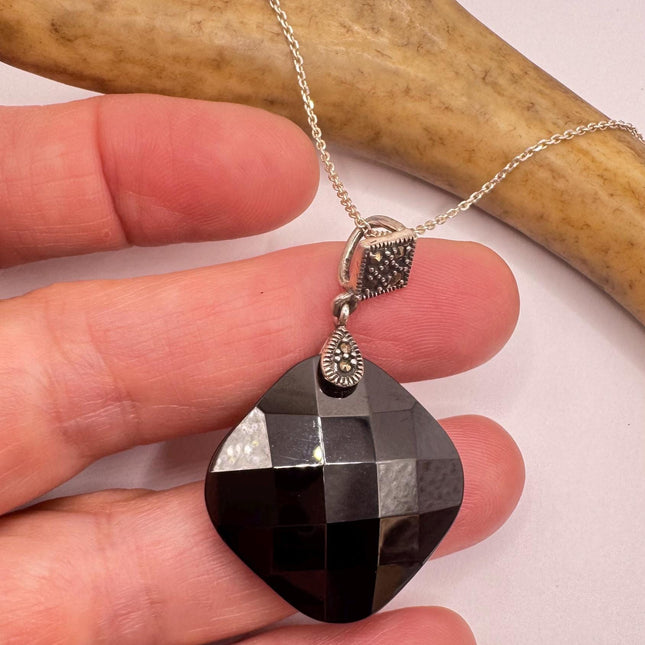 Vintage Black jet Marcasite Choker Necklace - 925 Sterling Silver Gemstone Pendant Necklace