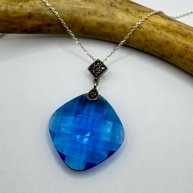 Vintage Clear Aqua Blue Crystal Marcasite Choker Necklace - 925 Sterling Silver Gemstone Pendant Necklace