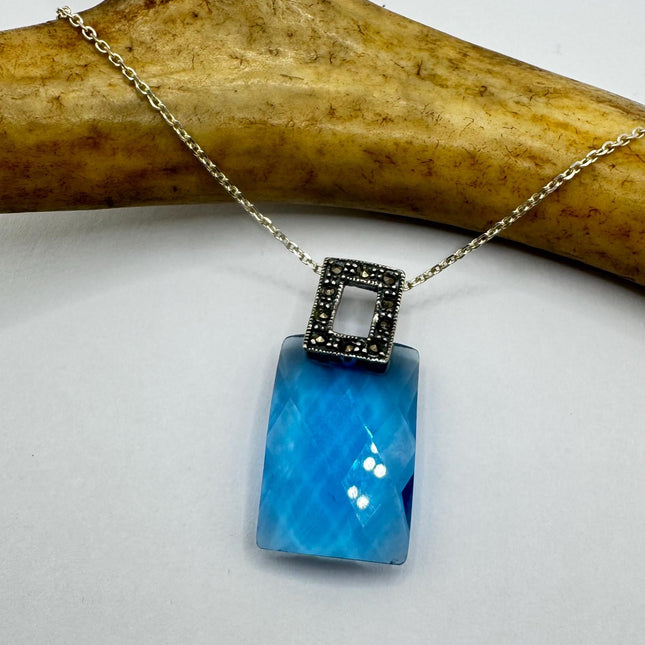 Vintage Clear Aqua Blue Crystal Marcasite Choker Necklace - 925 Sterling Silver Gemstone Pendant Necklace