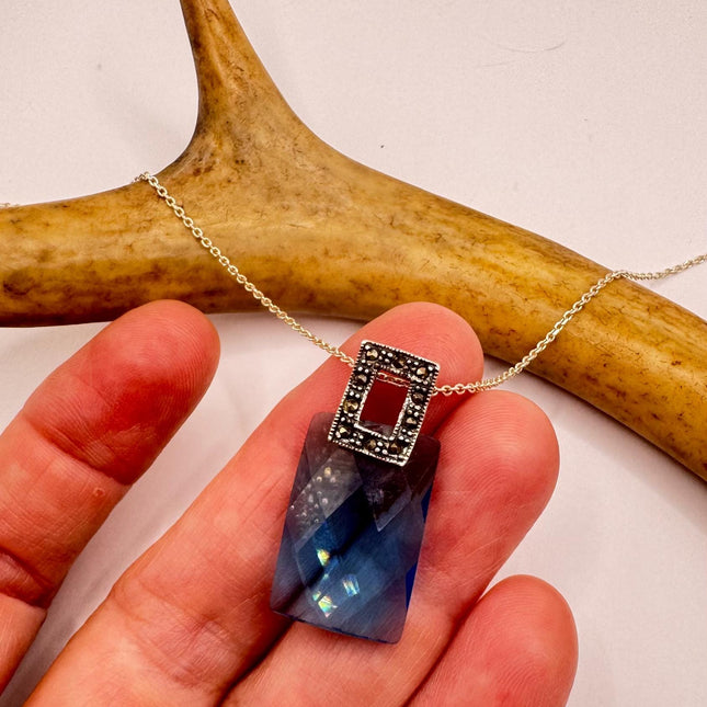 Vintage Clear Aqua Blue Crystal Marcasite Choker Necklace - 925 Sterling Silver Gemstone Pendant Necklace