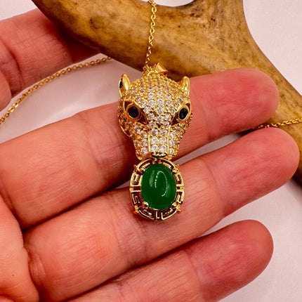 Vintage Green Jade Gold 9k GF Cougar Cat Pendant | Lucky Charm | Gold filled chain Necklace