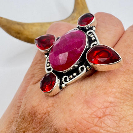 Vintage Silver Bronze Boho Ring | Raw Pink Ruby | Unique Gift Statement Ring