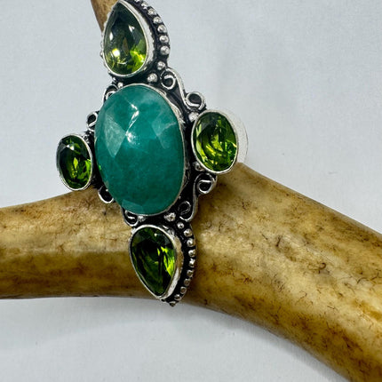 Vintage Silver Bronze | Green Raw Emerald | Unique Gift Statement Ring