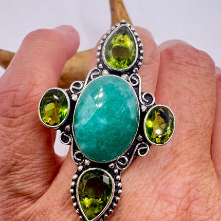 Vintage Silver Bronze | Green Raw Emerald | Unique Gift Statement Ring