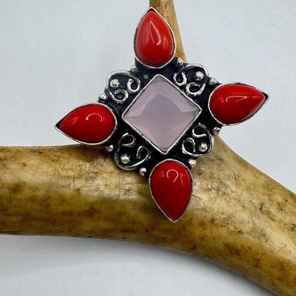 Vintage Silver Bronze Boho Ring | Rose Quartz | Unique Gift Statement Ring