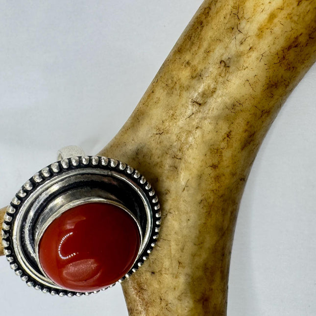 Vintage Red Coral Silver Bronze Boho Ring | Unique Gift Statement Ring