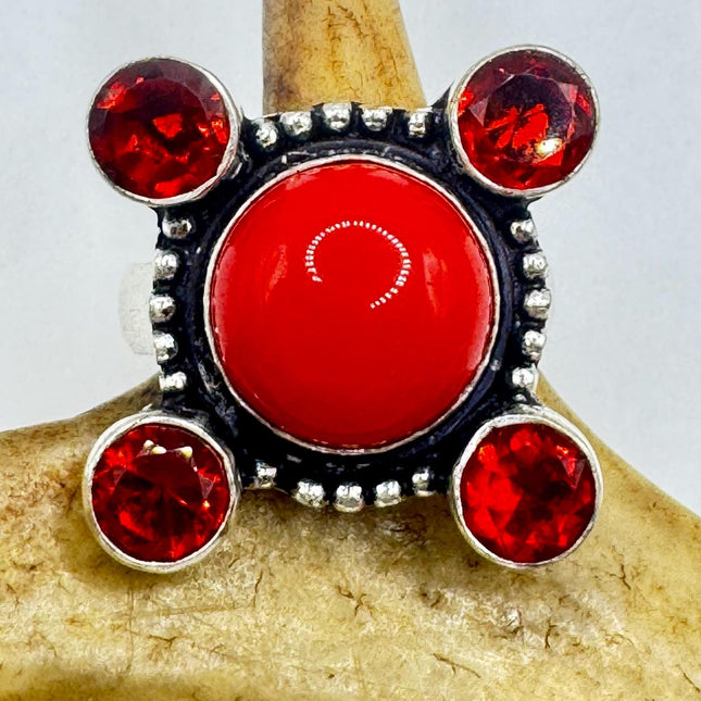 Vintage Red Coral Silver Bronze Boho Ring | Unique Gift Statement Ring
