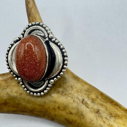 Vintage Gold Sandstone Goldstone Silver Bronze Boho Ring | Unique Gift Statement Ring