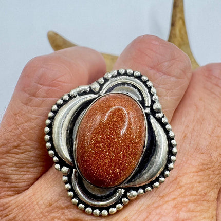 Vintage Gold Sandstone Goldstone Silver Bronze Boho Ring | Unique Gift Statement Ring