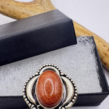 Vintage Gold Sandstone Goldstone Silver Bronze Boho Ring | Unique Gift Statement Ring
